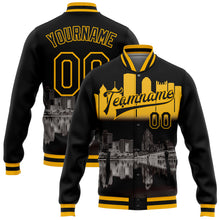 Загрузить изображение в средство просмотра галереи, Custom Black Gold Pittsburgh Pennsylvania City Edition 3D Bomber Full-Snap Varsity Letterman Jacket
