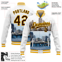Load image into Gallery viewer, Custom White Brown-Gold San Diego California City Edition 3D Bomber Full-Snap Varsity Letterman Jacket