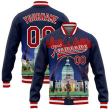 Загрузить изображение в средство просмотра галереи, Custom Navy Red-White The Gateway Arch St.Louis Missouri City Edition 3D Bomber Full-Snap Varsity Letterman Jacket