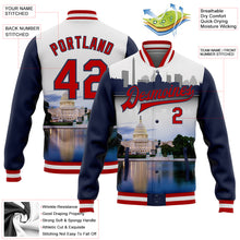 Laden Sie das Bild in den Galerie-Viewer, Custom White Red-Navy Capitol Washington City Edition 3D Bomber Full-Snap Varsity Letterman Jacket