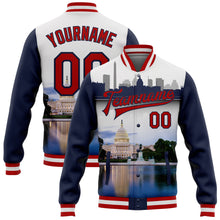 Laden Sie das Bild in den Galerie-Viewer, Custom White Red-Navy Capitol Washington City Edition 3D Bomber Full-Snap Varsity Letterman Jacket