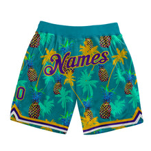 Charger l'image dans la galerie, Custom Kelly Green Purple-Gold 3D Pattern Design Palm Trees Pineapples Authentic Basketball Shorts