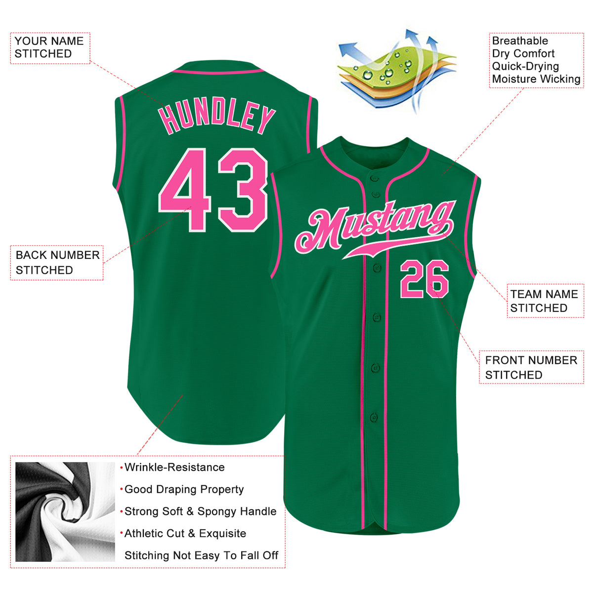 Cheap Custom Kelly Green Pink-White Authentic Sleeveless Baseball Jersey  Free Shipping – CustomJerseysPro