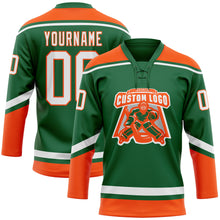 Load image into Gallery viewer, Custom Kelly Green White-Orange Hockey Lace Neck Jersey
