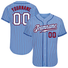 Load image into Gallery viewer, Custom Light Blue Red Pinstripe White-Royal Authentic Baseball Jersey