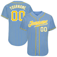 Load image into Gallery viewer, Custom Light Blue Gold Pinstripe Gold-White Authentic Baseball Jersey