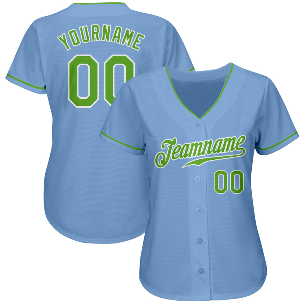 Cheap Custom Light Blue Neon Green-White Authentic Baseball Jersey