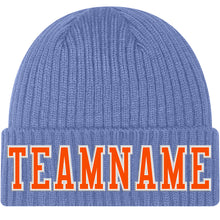 Charger l'image dans la galerie, Custom Light Blue Orange-White Stitched Cuffed Knit Hat