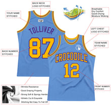 Load image into Gallery viewer, Custom Light Blue Gold-Purple Authentic Throwback Basketball Jersey