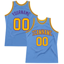 Load image into Gallery viewer, Custom Light Blue Gold-Purple Authentic Throwback Basketball Jersey