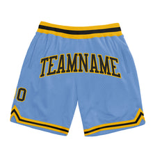Laden Sie das Bild in den Galerie-Viewer, Custom Light Blue Black-Gold Authentic Throwback Basketball Shorts