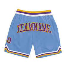 Laden Sie das Bild in den Galerie-Viewer, Custom Light Blue Purple-Gold Authentic Throwback Basketball Shorts