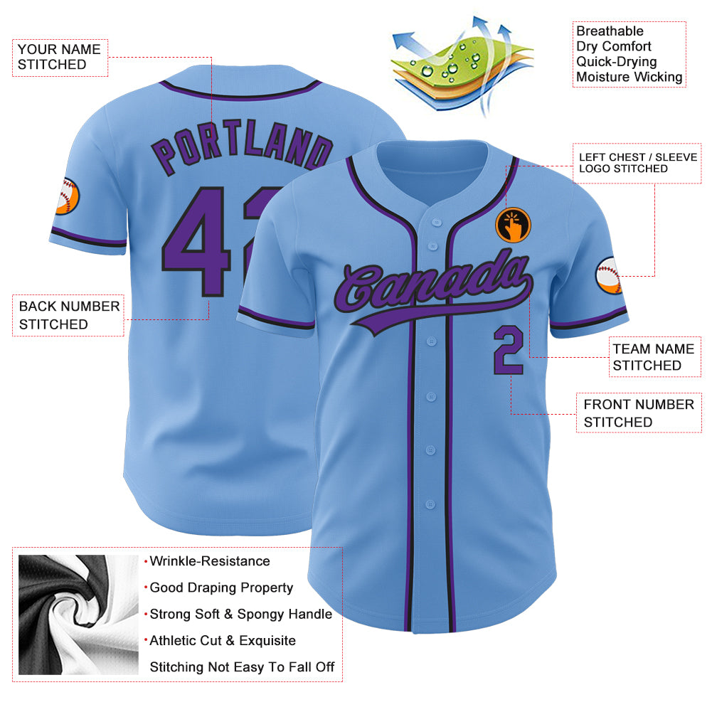 Custom Light Blue Purple-Black Authentic Baseball Jersey