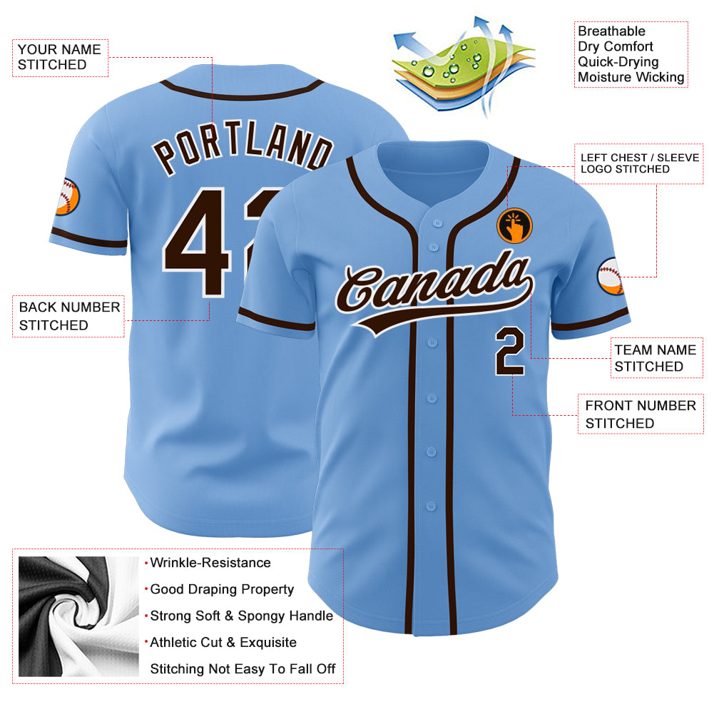 Custom Light Blue Brown-White Authentic Baseball Jersey