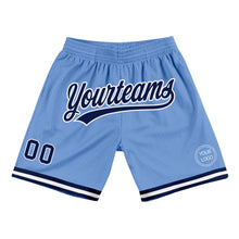 Laden Sie das Bild in den Galerie-Viewer, Custom Light Blue Navy-White Authentic Throwback Basketball Shorts