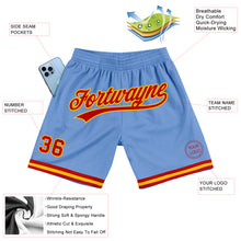 Laden Sie das Bild in den Galerie-Viewer, Custom Light Blue Red-Gold Authentic Throwback Basketball Shorts