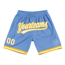 Laden Sie das Bild in den Galerie-Viewer, Custom Light Blue White-Gold Authentic Throwback Basketball Shorts