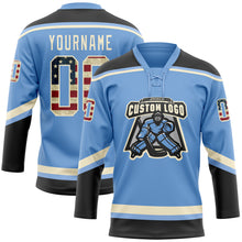 Load image into Gallery viewer, Custom Light Blue Vintage USA Flag Black-Cream Hockey Lace Neck Jersey