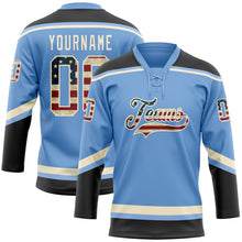 Load image into Gallery viewer, Custom Light Blue Vintage USA Flag Black-Cream Hockey Lace Neck Jersey