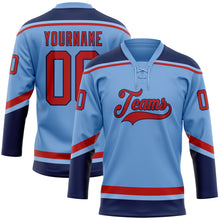 Load image into Gallery viewer, Custom Light Blue Red-Navy Hockey Lace Neck Jersey