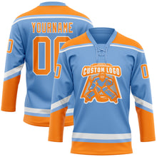 Load image into Gallery viewer, Custom Light Blue Bay Orange-White Hockey Lace Neck Jersey