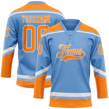Load image into Gallery viewer, Custom Light Blue Bay Orange-White Hockey Lace Neck Jersey