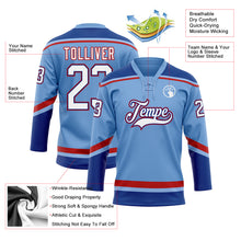 Load image into Gallery viewer, Custom Light Blue White Royal-Red Hockey Lace Neck Jersey