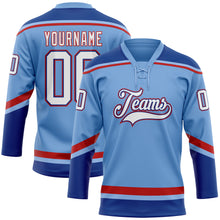 Load image into Gallery viewer, Custom Light Blue White Royal-Red Hockey Lace Neck Jersey