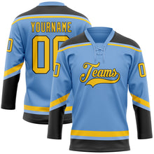 Load image into Gallery viewer, Custom Light Blue Yellow-Black Hockey Lace Neck Jersey