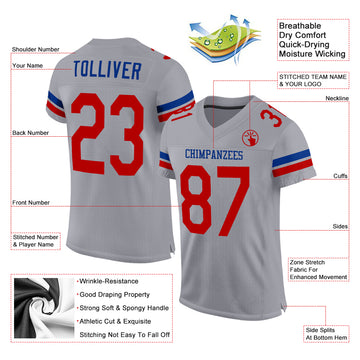 Custom Light Gray Red-Royal Mesh Authentic Football Jersey