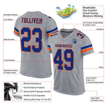 Custom Light Gray Royal-Orange Mesh Authentic Football Jersey