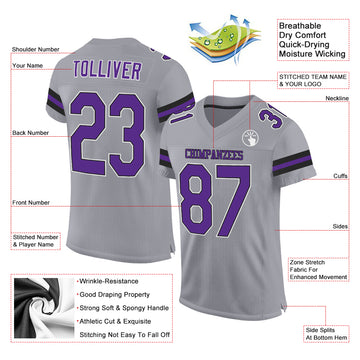 Custom Light Gray Purple-Black Mesh Authentic Football Jersey