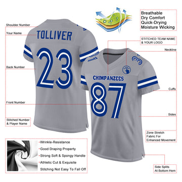 Custom Light Gray White-Royal Mesh Authentic Football Jersey