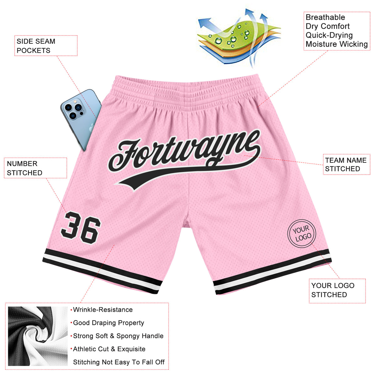 Your Team Men's Pink Panther Basketball Jersey Suit Mesh Breathable Shorts Pink L, Size: Large