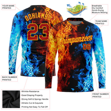 Custom Black Red Gold Royal-Light Blue Flame 3D Pattern Long Sleeve Performance T-Shirt