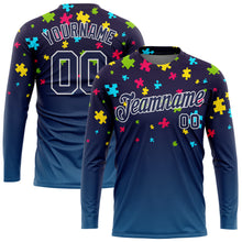 Загрузить изображение в средство просмотра галереи, Custom Navy Navy-White Autism Awareness Puzzle Pieces 3D Pattern Long Sleeve Performance T-Shirt