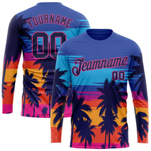 Загрузить изображение в средство просмотра галереи, Custom Royal Navy-Pink Hawaii Palm Trees 3D Pattern Long Sleeve Performance T-Shirt