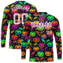 Загрузить изображение в средство просмотра галереи, Custom 3D Pattern Bright Multicolored Halloween Pumpkins And Bats Long Sleeve Performance T-Shirt