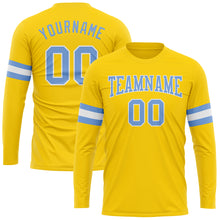 Load image into Gallery viewer, Custom Gold Light Blue-White Long Sleeve Performance T-Shirt
