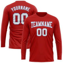 Load image into Gallery viewer, Custom Red White-Light Blue Long Sleeve Performance T-Shirt