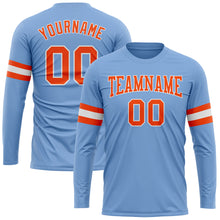 Load image into Gallery viewer, Custom Light Blue Orange-White Long Sleeve Performance T-Shirt