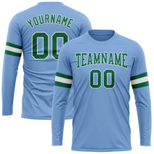 Load image into Gallery viewer, Custom Light Blue Kelly Green-White Long Sleeve Performance T-Shirt