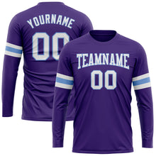 Load image into Gallery viewer, Custom Purple White-Light Blue Long Sleeve Performance T-Shirt