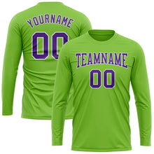 Load image into Gallery viewer, Custom Neon Green Purple-White Long Sleeve Performance T-Shirt