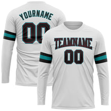 Load image into Gallery viewer, Custom White Black Crimson-Aqua Long Sleeve Performance T-Shirt