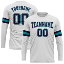 Load image into Gallery viewer, Custom White Navy Gray-Aqua Long Sleeve Performance T-Shirt