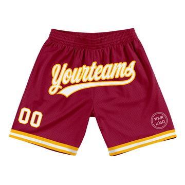 Custom Maroon White-Gold Authentic Throwback Basketball Shorts