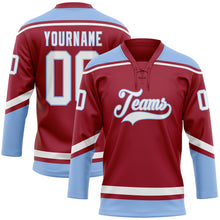Load image into Gallery viewer, Custom Maroon White-Light Blue Hockey Lace Neck Jersey