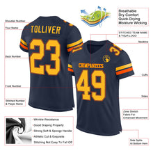 Load image into Gallery viewer, Custom Navy Gold-Orange Mesh Authentic Football Jersey