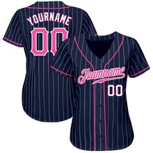 Load image into Gallery viewer, Custom Navy White Pinstripe Pink-White Authentic Baseball Jersey